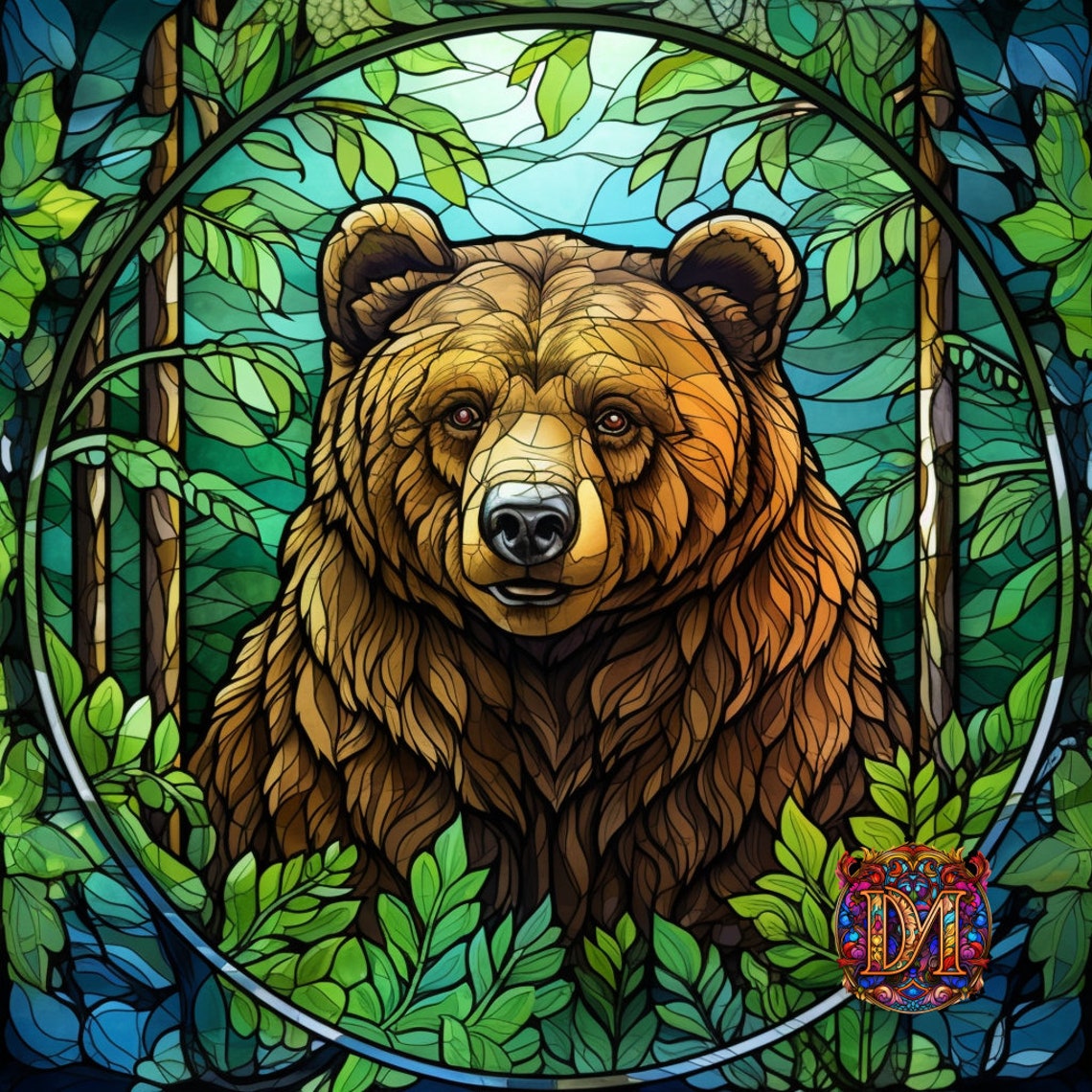 Digital Art Print Bear on Stained Glass, Instant Downloadable JPG High