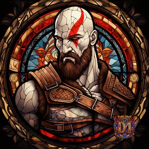 Digital Art Print: God of War Kratos on Stained Glass, Instant Downloadable JPG High Resolution File