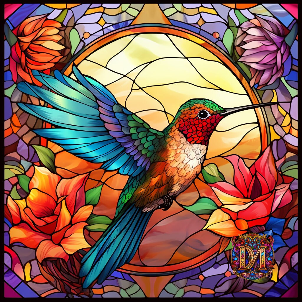 Digital Art Print: Hummingbird on Stained Glass, Instant Downloadable ...