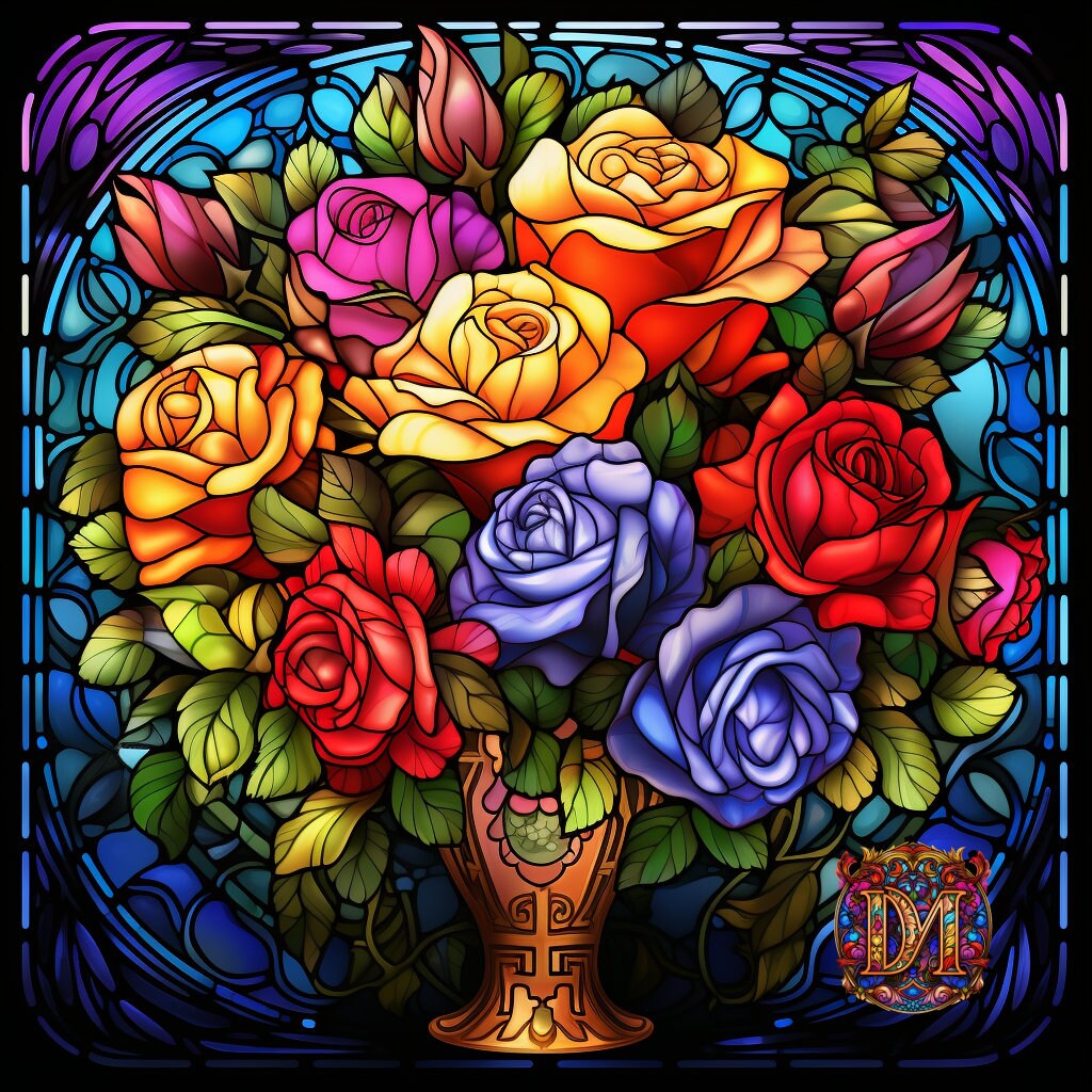Digital Art Print: Bouquet of Roses on Stained Glass, Instant ...