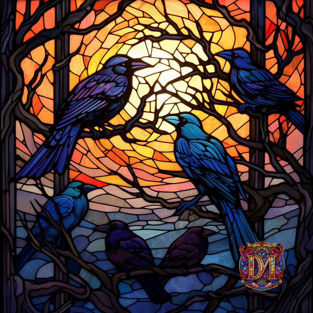 Digital Art Print Crows on Stained Glass Instant Etsy UK
