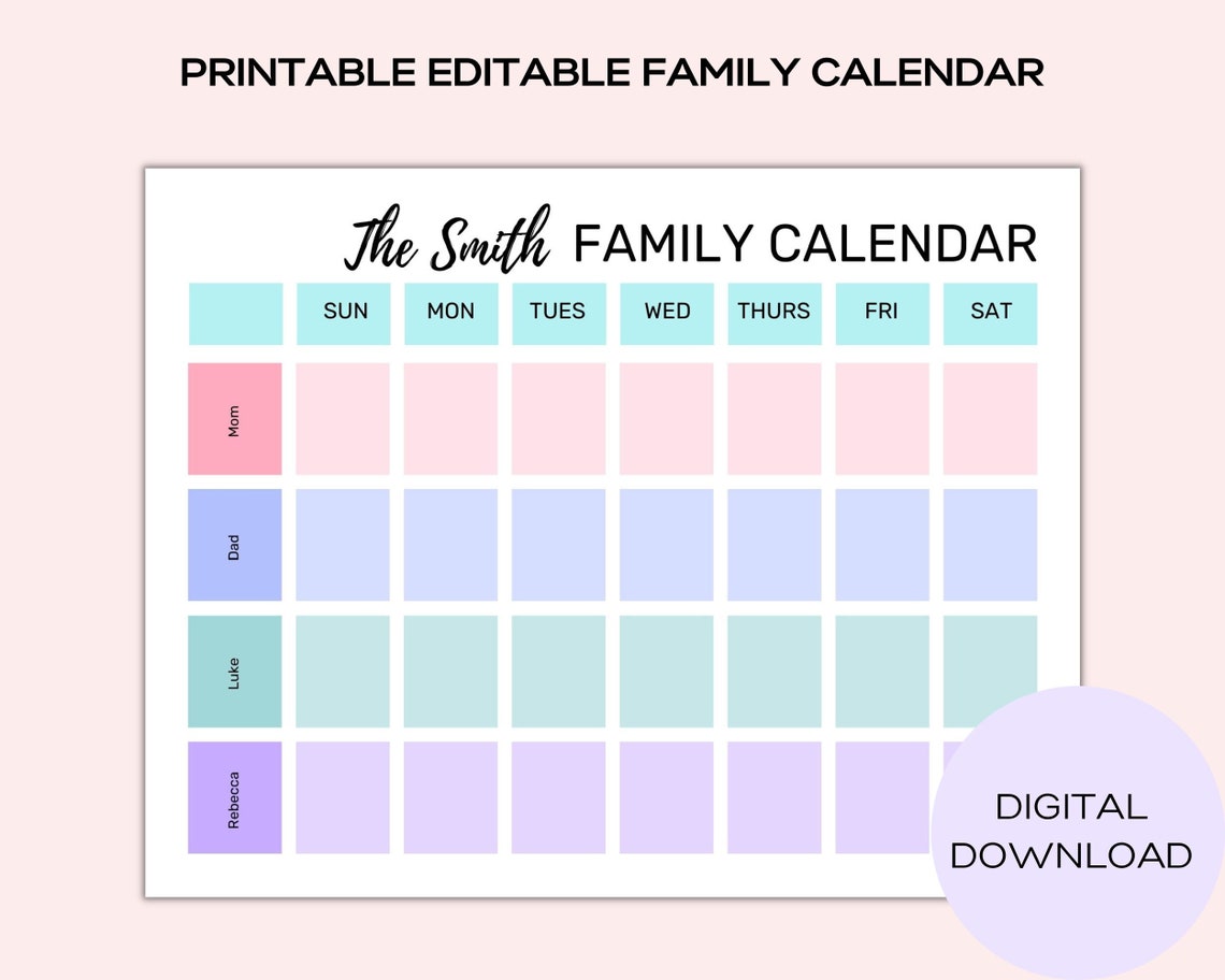 Editable Family Calendar Printable Family Schedule Kids Etsy