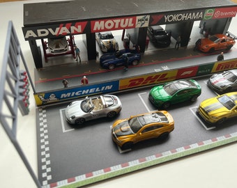 Diorama de stationnement de voiture de course sur la voie des stands pour Hotwheels Matchbox Minigt Majorette à l'échelle 1/64