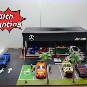 1:64 Scale Mercedes AMG Showroom Diorama for Hotwheels Matchbox Minigt Majorette cars with Led Street Lights