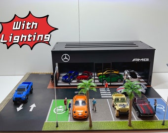 1:64 Scale Mercedes AMG Showroom Diorama for Hotwheels Matchbox Minigt Majorette cars with Led Street Lights