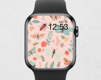 Primavera Apple Watch Esfera rosa Reloj digital Esfera Pastel Apple Watch Fondo de pantalla Flores Reloj digital Insectos Apple Watch Esfera Rosa floral