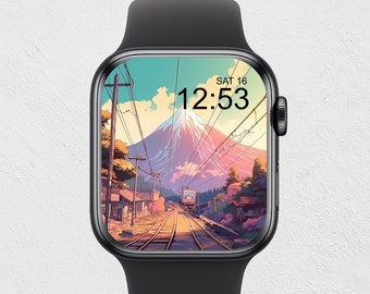 Retro Anime Apple Watch Wallpaper: Nostalgic Landscape (Digital Download)