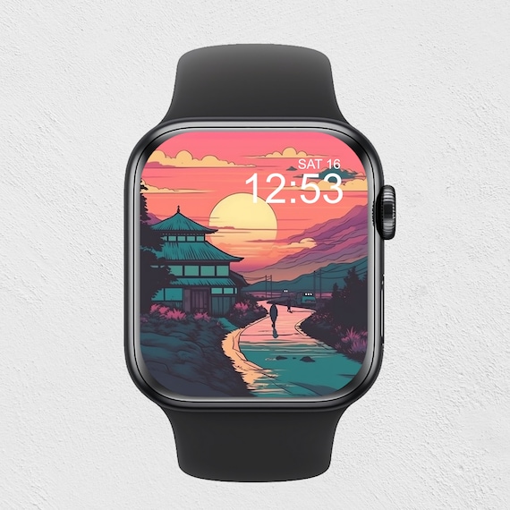 Lofi Anime Apple Watch Wallpaper: Retro Sunset Scene (Digital Download)
