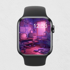 May include: A black Apple Watch with a digital clock face displaying "SAT 16 12:53". The watch face shows a retro-style illustration of a room with a computer, furniture, and plants in a pink and purple color scheme.