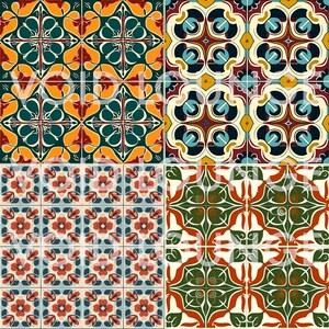 May include: Four different patterns of colorful tile designs. The tiles feature geometric shapes, floral motifs, and intricate patterns in shades of red, green, blue, yellow, and white.