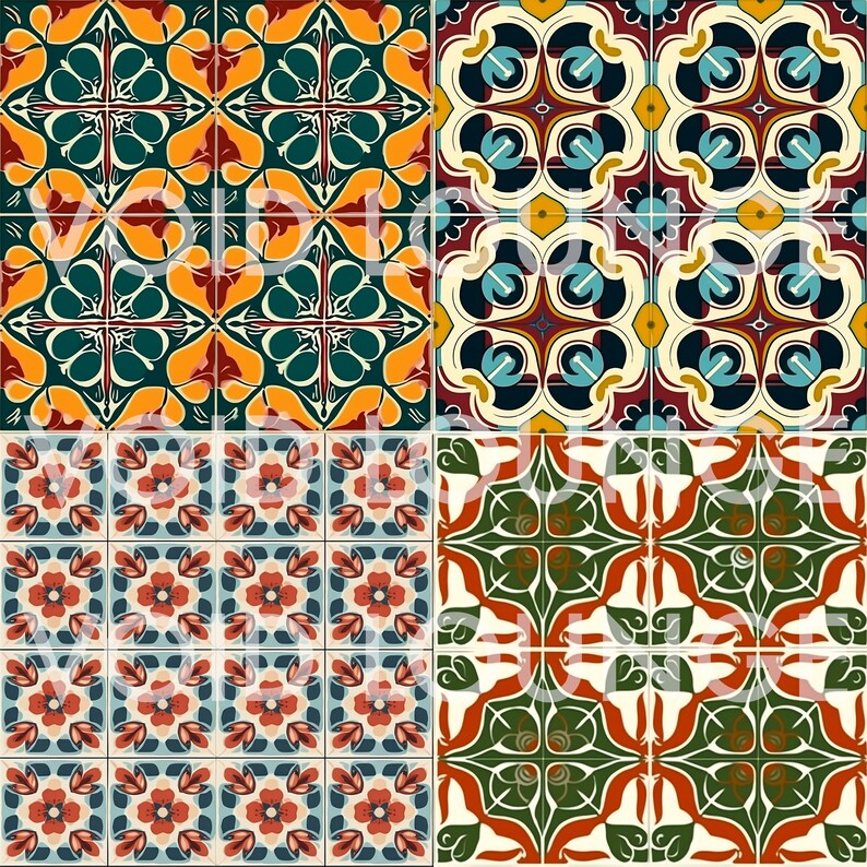 May include: Four different patterns of colorful tile designs. The tiles feature geometric shapes, floral motifs, and intricate patterns in shades of red, green, blue, yellow, and white.