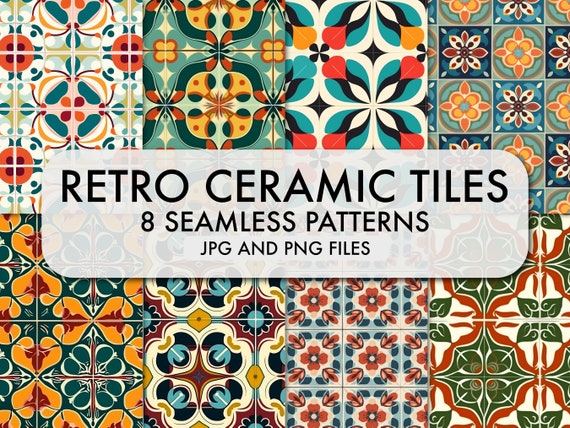 Retro Ceramic Tile Patterns: Colorful Digital Paper (8 Seamless Designs)