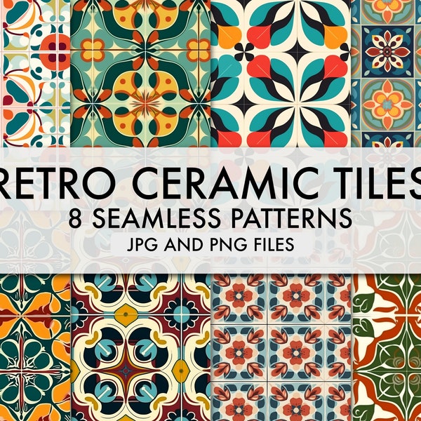 Retro Ceramic Tile Patterns 8 Pack of Digital Seamless Patterns Colorful Tiles Digital Paper Flat Design  Symmetrical Tiles Digital Patterns