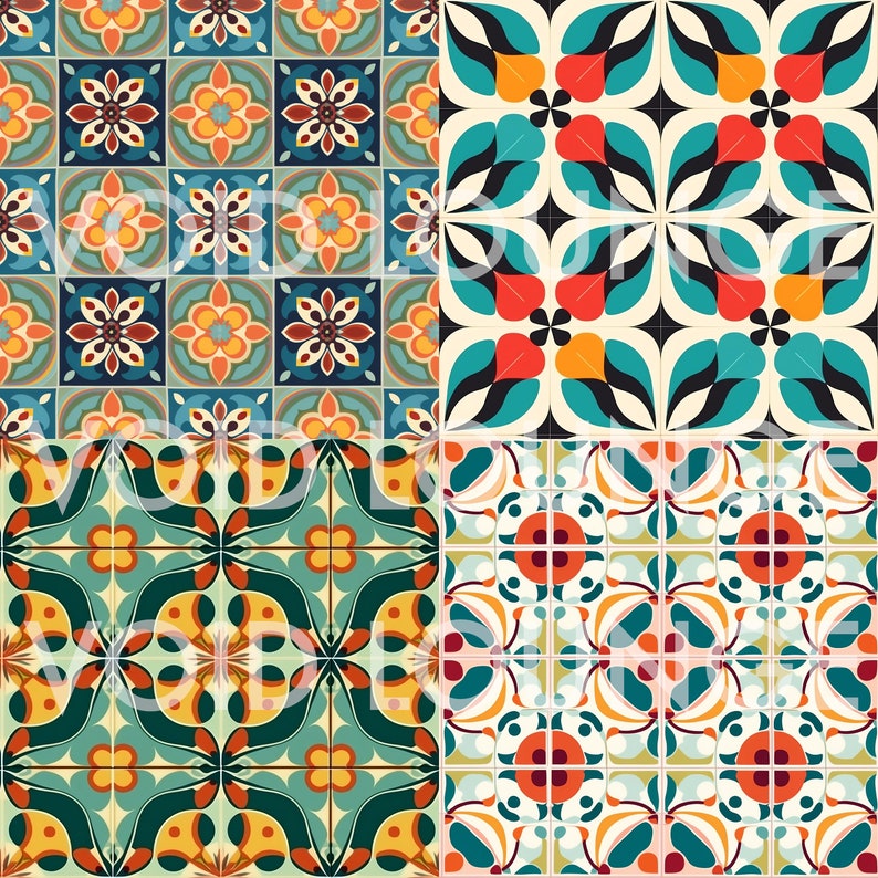 May include: Four different patterns of colorful tile designs. The tiles are in a square format and feature geometric shapes and floral patterns in shades of blue, green, orange, red, yellow, and white.