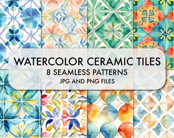 Watercolor Tile Patterns: Ceramic Tile Digital Paper (JPG, PNG)
