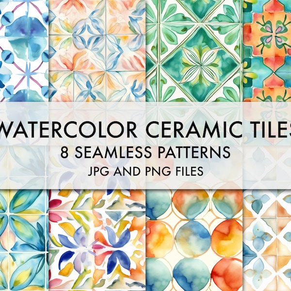 Watercolor Tiles Patterns Water Color Ceramic Tiles Digital Paper Downloadable Water Color Painting Tile Pattern Pack of 8 Digital JPG PNG