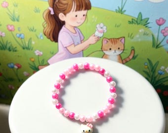 Kids Kitty Charm Bracelet with Pink and White Beads, Handcrafted Children’s Jewelry Gift, Stocking Stuffer