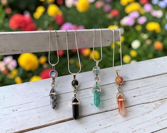 Fluid Art Snap & Crystal Pendant Necklaces – Sodalite, Black Obsidian, Turquoise, or Orange Aventurine Crystal Point