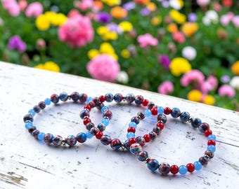 Red and Blue Stretch Bracelet Stack, Handcrafted Beaded Jewelry with Optimized Imperial Jasper Bracelet, Set of 3