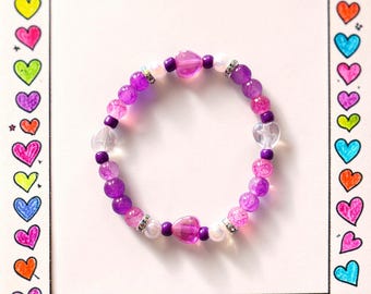 Pink and Purple Heart Bracelet for kids, Handcrafted Children’s Jewelry Gift, Stocking Stuffer present for girls