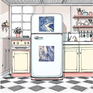 May include: An illustrated kitchen scene with a white refrigerator adorned with two abstract art magnets. The kitchen features a pink and cream oven, a window, and a black and white checkered floor. Shelves hold plants and kitchenware.