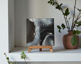 Black & White Mini Painting on a 4x4 canvas, Original Abstract Fluid Art