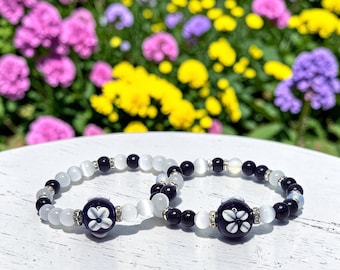 Navy Blue Floral Lampwork Bracelet Set with Blue Goldstone and White Tigers Eye Gemstone Beads, Handcrafted Jewelry Gift for Her,