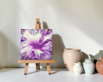 Purple & White Mini Painting on a 4x4 canvas, Original Abstract Fluid Art