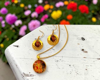 Gold Plated Fluid Art Necklace and Earring Set with Red, Metallic Gold & Brown Umber Abstract Design, Handcrafted Fluid Art Jewelry