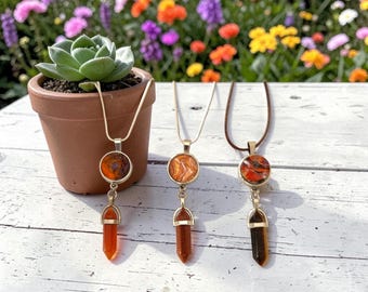 Crystal Pendant Necklaces with 18mm Snaps, Tiger's Eye, Orange Adventurine, Brown Sandstone, Handcrafted unique gift for her or him