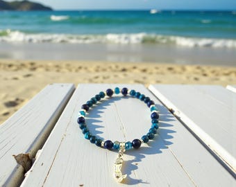 Blue Mermaid Beaded Bracelet with Lapis Lazuli and a Mermaid Charm, Handcrafted Artisan Jewelry Gift for her