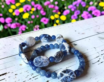 Blue Aventurine & Lapis Lazuli Bracelet Set, Artisan Stackable Bracelet Duo
