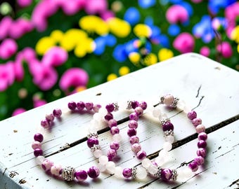 Purple and White Rain Jasper 3-piece Bracelet Set with White Quartz, Handcrafted one of a kind