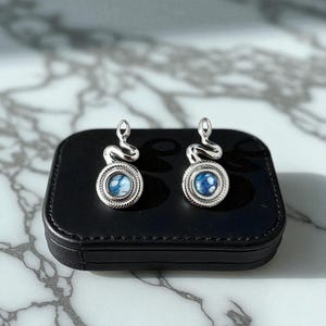 Snake Earrings with Blue & White Handmade Charm, Serpent Silver tone Hanging with post for pierced ears, Mystical gothicJewelry gift for her
