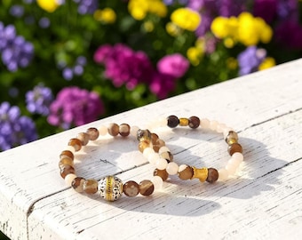 Brown Fire Agate & White Quartz Beaded Bracelet Set, Handcrafted Earth Tone Jewelry Gift for Her or him, Matching Stackable