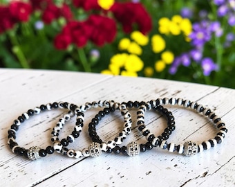 Handcrafted Black & White Beaded Bracelet Set, 4-Piece Stack with Natural Gemstones, Obsidian, Onyx, Dalmatian Jasper