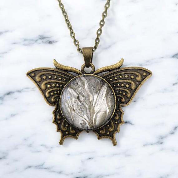 Butterfly Necklace, Reversable Pendant With Handmade Fluid Art