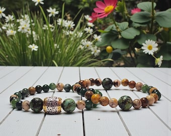 African Turquoise & Moss Green Agate Bracelet Set, Handcrafted Earthy Green Gemstone Jewelry