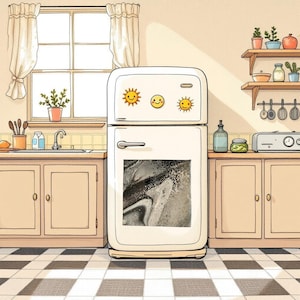 May include: Illustration of a retro white refrigerator with a black and white abstract art print on the door. The fridge has three yellow sun and smiley face magnets. The kitchen has a window, cabinets, and a checkered floor.
