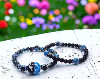 Moon and Stars Bracelet Set with Blue Black Fire Agate and Celestial Lampwork Glass Focal Bead, Handcrafted Jewelry Gift for Her or him