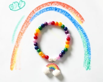 Rainbow Charm Beaded Bracelet, Colorful Handcrafted Children’s Jewelry Gift, Stocking Stuffer present for girls