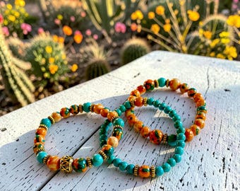 Turquoise and Orange Blue Ombre Beaded Bracelet Set of Three, Handcrafted   Gemstone Stackable Jewelry