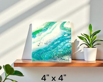 Mini Painting on 4x4 Canvas, Blue, Aqua & White Abstract Acrylic Pour Art Fluid Art