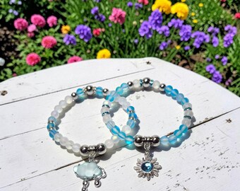 Sun and Rain Cloud Bracelet Set, Blue & White Whimsical Handcrafted Gift for Her