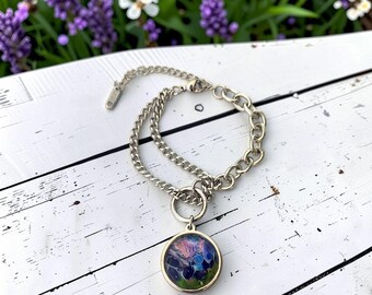 Charm Bracelet with Handcrafted Blue, Green and White Fluid Art Charm, Silver Tone Toggle Bracelet
