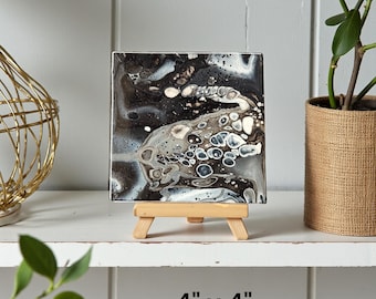 Black & White Mini Painting on a 4x4 canvas, Original Abstract Fluid Art