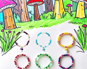 Kids Beaded Bracelet with Mushroom Charm, Choose From 6 Styles, Handcrafted gift for children, girls