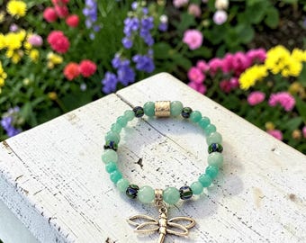 Aqua Green Aventurine Dragonfly Beaded Stretch Bracelet, Handcrafted Unique Jewelry gift for her