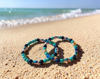 Turquoise & Lapis Lazuli Bracelet Set with Enamel Fish Beads, Handcrafted Gemstone Bracelets, Ocean Inspired Jewelry Gift for Her