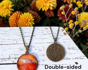 Orange Red Gold Necklace with a Double-Sided Pendant – Antique Bronze Leaf & Handcrafted fluid Art Charm, Autumn jewelry gift for her or him